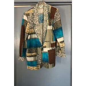 Vtg 90s Jo Hardin Sz 6 Colorblock Blazer Jacket Turquoise brown USA Cotton/Linen